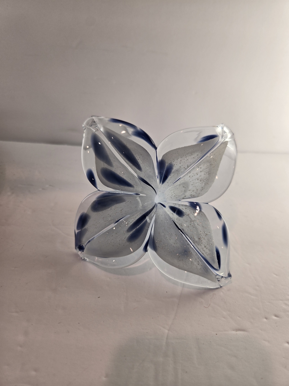 Murano Style Hand Blown Art Glass Flower Figurine Cobalt Blue White Swirl Stem
